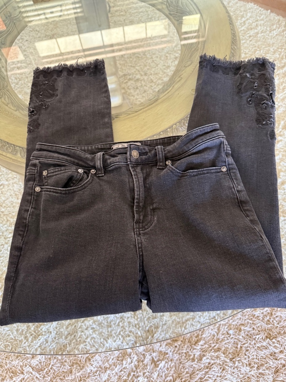 Free People Women's Faded Black Embroidered Jeans Raw Hem Size 29 Boho